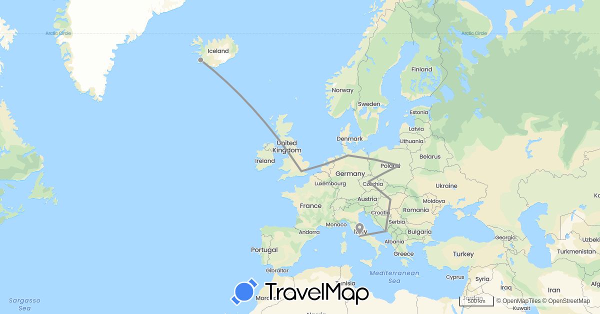 TravelMap itinerary: driving, plane in Czech Republic, Germany, United Kingdom, Croatia, Hungary, Iceland, Italy, Netherlands, Poland (Europe)