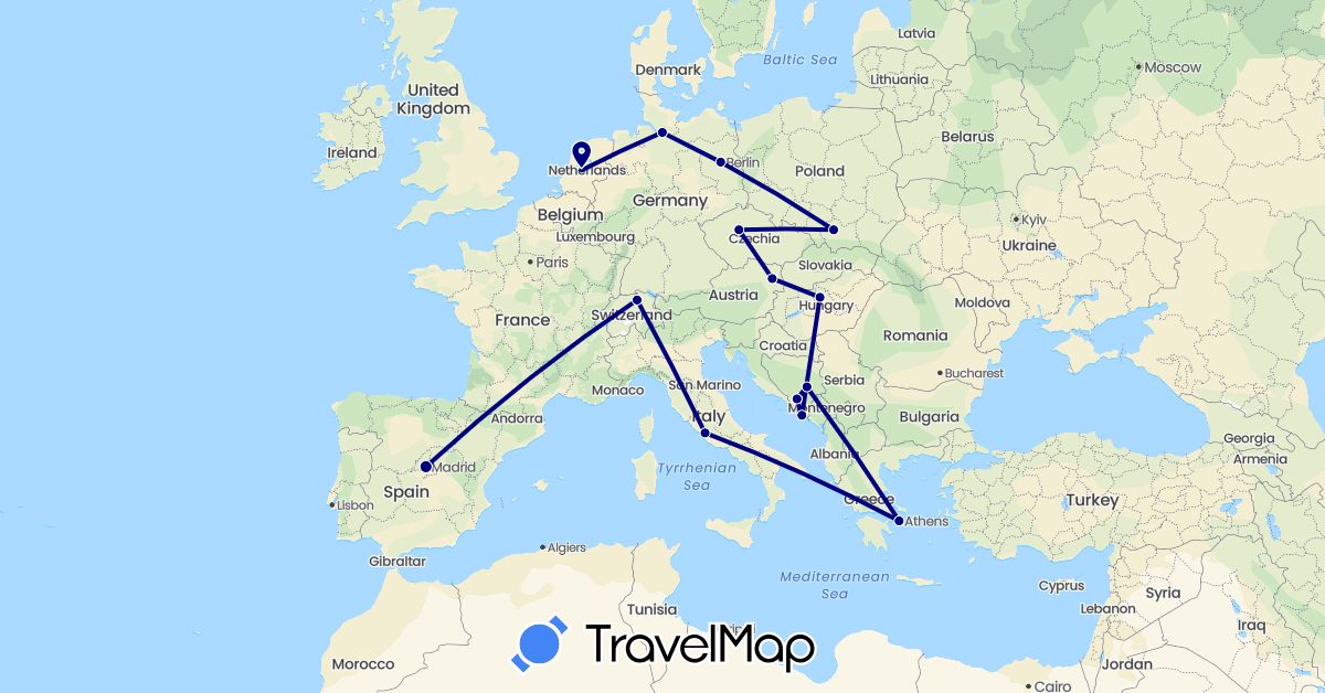 TravelMap itinerary: driving in Austria, Bosnia and Herzegovina, Switzerland, Czech Republic, Germany, Spain, Greece, Croatia, Hungary, Italy, Netherlands, Poland (Europe)