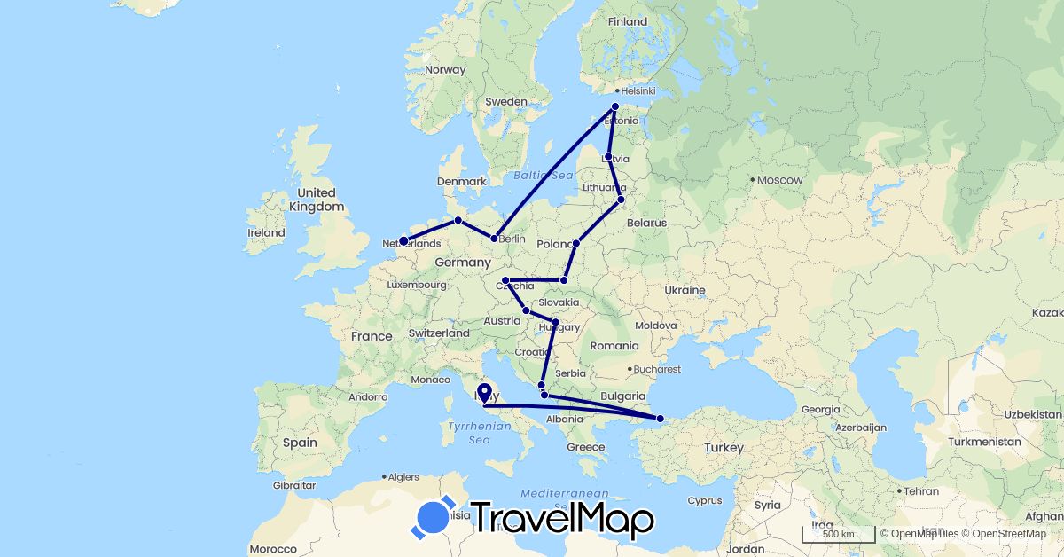 TravelMap itinerary: driving in Austria, Bosnia and Herzegovina, Czech Republic, Germany, Estonia, Croatia, Hungary, Italy, Lithuania, Latvia, Netherlands, Poland, Turkey (Asia, Europe)