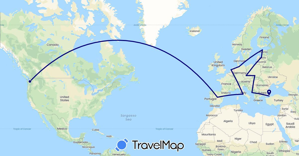 TravelMap itinerary: driving in Czech Republic, Germany, Estonia, Spain, Croatia, Hungary, Italy, Latvia, Netherlands, Poland, Turkey, United States (Asia, Europe, North America)