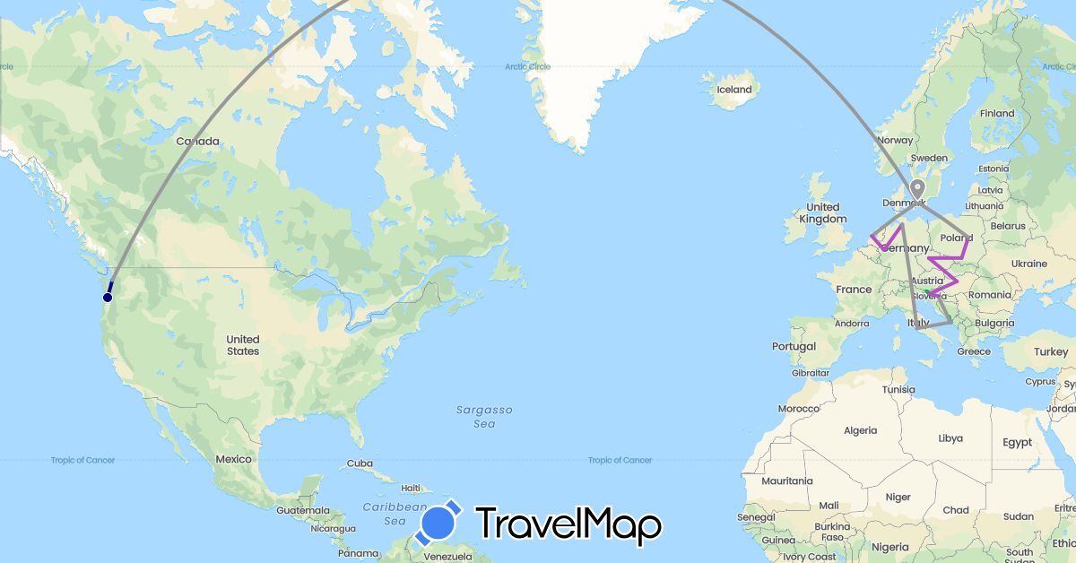 TravelMap itinerary: driving, bus, plane, train in Bosnia and Herzegovina, Czech Republic, Germany, Denmark, Croatia, Hungary, Italy, Netherlands, Poland, Slovenia, United States (Europe, North America)